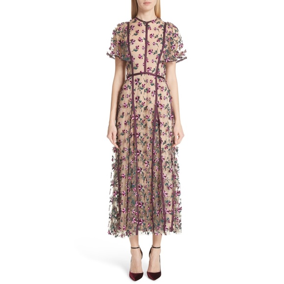 Lela Rose Embroidered Tulle Midi Flutter Sleeve Fit & Flare Dress Size 10 Medium - Picture 7 of 12